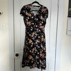 LOFT navy floral midi dress with tie waist
